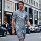 👕 Férfi farmerhatású póló és rövidnadrág szett | Könnyű, légáteresztő nyári viselet ☀️