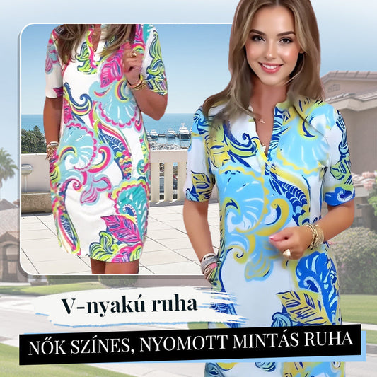 🎁 Új termékek 50% kedvezménnyel 👗Nők színes, nyomott mintás V-nyakú ruha