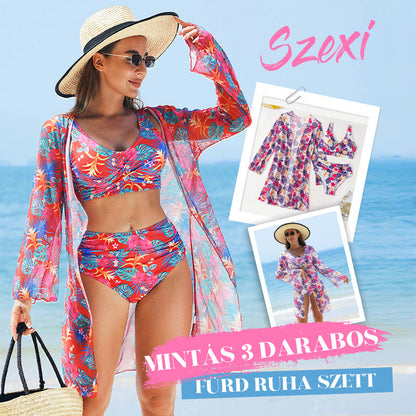 🌼 Női divatos szexi nyomtatott fürdőruha – 3 darabos szett | Bikini + pareo, strand – Utánvét 👙✨