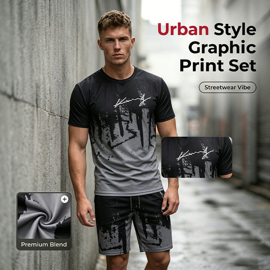 👕Férfi grafikás póló és rövidnadrág szett – Összeillő, puha, állítható derékrésszel 🌴