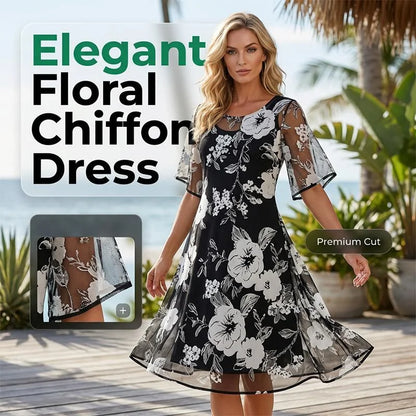🌸 ✨ Női virágmintás A-vonalú partyruha – kétrétegű sifon, elegáns nyomtatott mintával és térdig érő szabással 👗