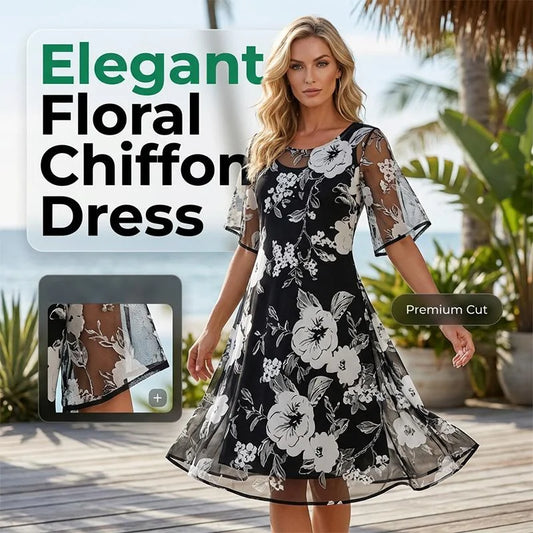 🌸 ✨ Női virágmintás A-vonalú partyruha – kétrétegű sifon, elegáns nyomtatott mintával és térdig érő szabással 👗