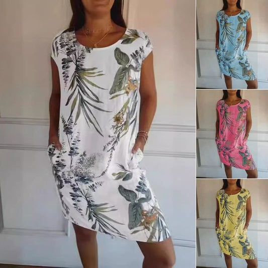 🌼Női pamut & vászon kerek nyakú nyomtatott ruha