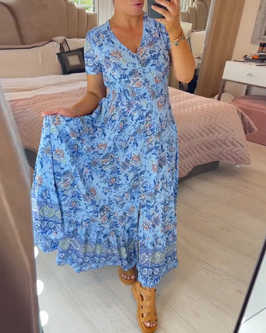 🌸✨ Noi Viragmintas V-nyaku Maxi Ruha - 6 szin | S-5XL | A-vonalu | Casual | Tavaszi-Nyari