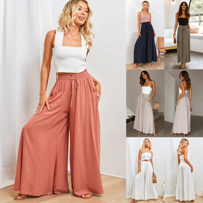 👖 50% LEÁRAZÁS MOST! ✨ Egyszínű Széles Szárú Magasderekú Nadrág – Pamutkeverék, Laza Szabás és Állítható Húzózsinór 🌿