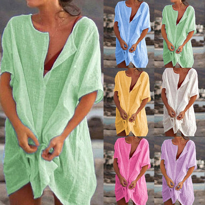 👗Női pamut vászon sima V-nyakú laza hosszú póló