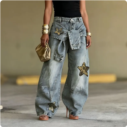 👖 Unisex baggy farmer csillagmintás foltokkal – laza, oversize szabás, puha farmeranyag és menő 90-es évekbeli stílus ✨