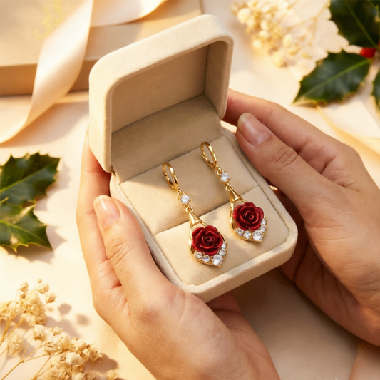 🌹 Elegáns Vörös Rózsás Lógós Fülbevaló – A Tökéletes Kiegészítő Esti Ruha mellé! ✨💃