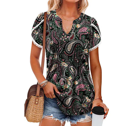 🌸Női V-nyakú nyomtatott rövid ujjú póló | Puha légáteresztő | S–4XL