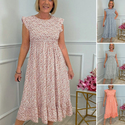 🌸Nagy Eladó 50%OFF🌸Női elegáns virágos nyomtatás magas derekú fodros fodros sapka ujjú ruha💃