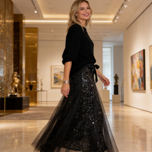 ✨Női csillogó felső és tüll szoknya szett - Vakító és elegáns kétrészes szett