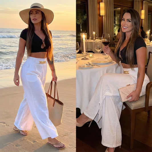 Női magas derekú, széles szárú nadrág övvel díszítve