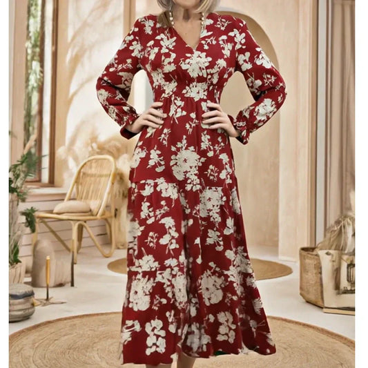 V-nyakú, derékban szűkített, virágmintás, réteges, hosszú ujjú maxi ruha