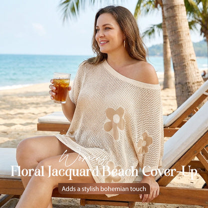 👙 MOST 50% LEÁRÁZVA! 🌺 Női Virágos Jacquard Strandköpeny – Légáteresztő Lyukas Kötés & Tartalmaz Bikiniszettet a Tökéletes Strandstílushoz 🏖️