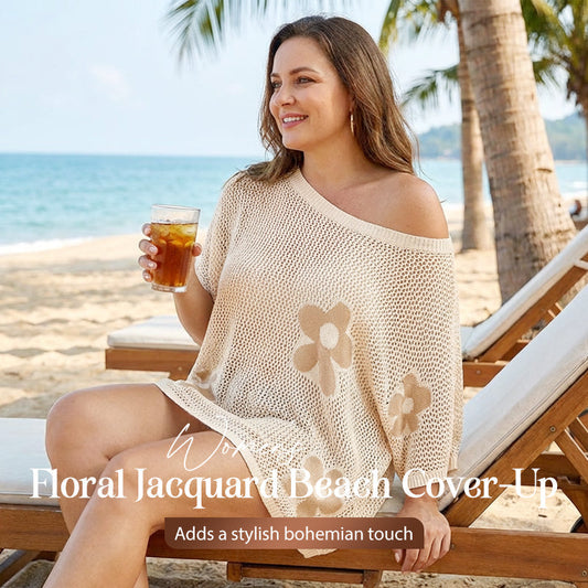 👙 MOST 50% LEÁRÁZVA! 🌺 Női Virágos Jacquard Strandköpeny – Légáteresztő Lyukas Kötés & Tartalmaz Bikiniszettet a Tökéletes Strandstílushoz 🏖️
