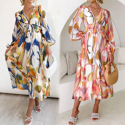 ✨45% KEDVEZMÉNY🌸Midi ruha hosszú ujjú színes absztrakt mintával👗