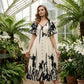 👗 🌿 Puha, növényi mintás, V-nyakú midi ruha