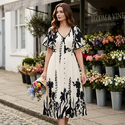 👗 🌿 Puha, növényi mintás, V-nyakú midi ruha