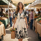 👗 🌿 Puha, növényi mintás, V-nyakú midi ruha