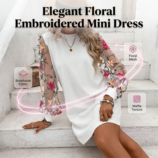 👗 40% LEÁRAZÁS MOST! 🌸 Női Virágos Hímzett Hálós Ujjú Ruha – Átlátszó Botanikus Ujjú, Laza Szabású és Lélegző 🌿
