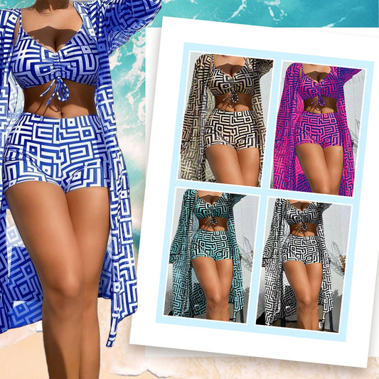 👙Női, háromrészes fürdőruha-szett geometrikus mintával, S–XL méretben