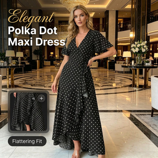 Női hosszú ruha V-kivágással és pöttyös mintával