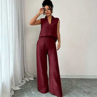 👔 Női ujjatlan felső és nadrág szett – Elegáns, széles szárú ✨