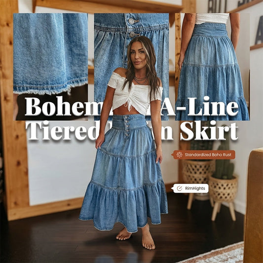 ✨50% KEDVEZMÉNY MOST! ✨Magas derekú, réteges, A-vonalú denim maxi szoknya nőknek