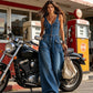 Női farmer overall – ujjatlan, V-nyakú, széles szárú | Sky Blue / Dark Blue / Black