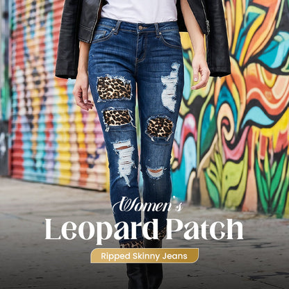Női leopárdmintás, szakadt skinny farmer