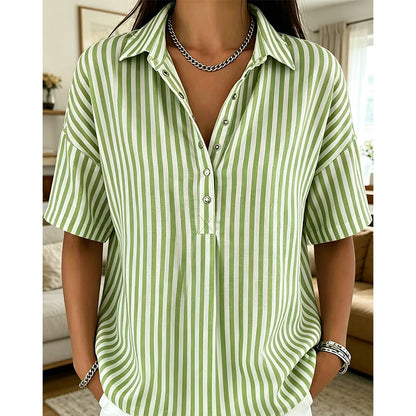 👚 Női Casual Csíkos Rövid Ujjú Ing – Kényelmes Szabás & V-nyak – Nyári Alapdarab 🛍️