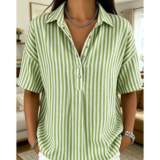 👚 Női Casual Csíkos Rövid Ujjú Ing – Kényelmes Szabás & V-nyak – Nyári Alapdarab 🛍️