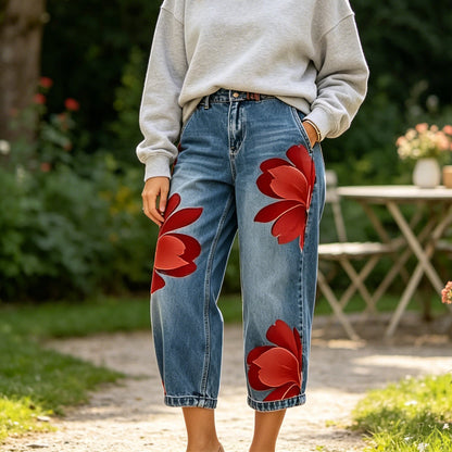 ⏳Művészi virágmintás, széles szárú női farmer👖