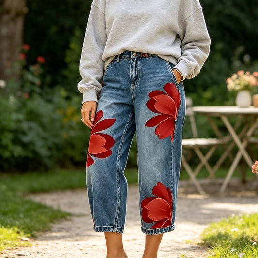 ⏳Művészi virágmintás, széles szárú női farmer👖