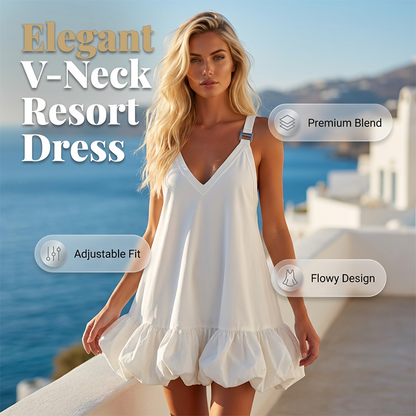 👗 Elegáns, V-kivágású vállpántos ruha ✨ Légies, resort stílusú ruha ballon szegéllyel és állítható vállpántokkal