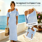 👗 Női csíkos, vállakat szabadon hagyó ruha – elegáns, lebegő, nyári divat 🌊