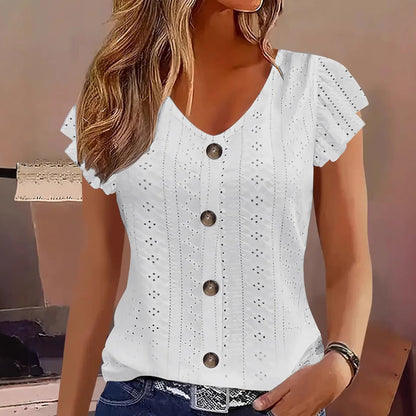 👚 Női nyári V-nyakú hímzett felső – Jacquard szövet és fodros ujjak – Légáteresztő elegancia ☀️