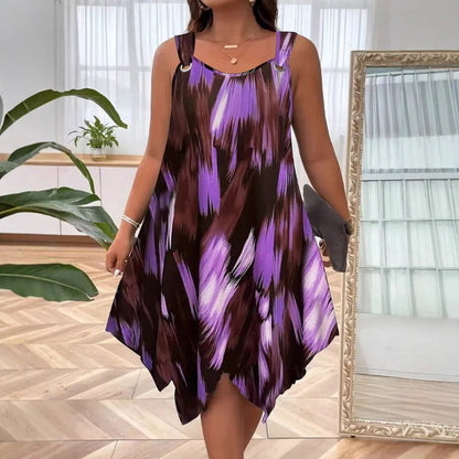 👗 Elegáns, színátmenetes mintás ujjatlan ruha – aszimmetrikus szegély, O-gyűrűs pántok, lebegő szabás ✨