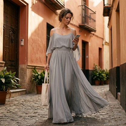 👗 Női elegáns, vállakat szabadon hagyó, lebegő maxi ruha – vállakat szabadon hagyó, derékban szűkített, spagetti pántos ✨