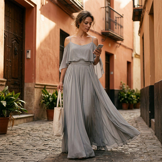 👗 Női elegáns, vállakat szabadon hagyó, lebegő maxi ruha – vállakat szabadon hagyó, derékban szűkített, spagetti pántos ✨