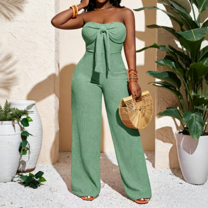 Női jumpsuit, vállpánt nélküli, magas derékú, széles szárú