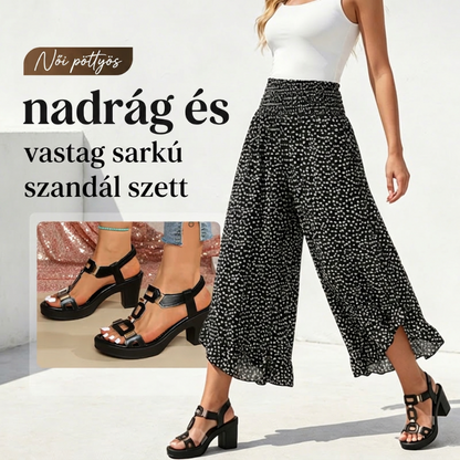 Női pöttyös nadrág és vastag sarkú szandál szett
