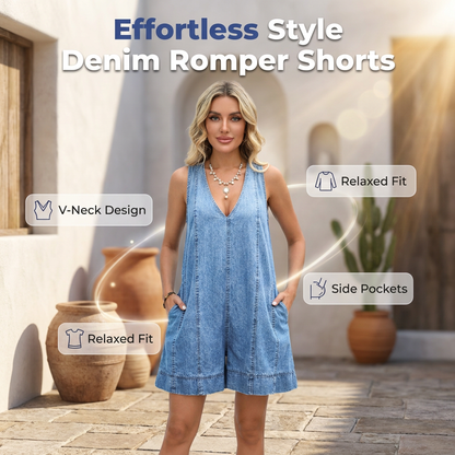 Női, V-nyakú, ujjatlan, laza fazonú rövidnadrágos jumpsuit