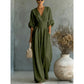 Női V-nyakú, magas derekú, széles szárú jumpsuit