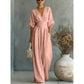 Női V-nyakú, magas derekú, széles szárú jumpsuit
