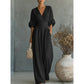 Női V-nyakú, magas derekú, széles szárú jumpsuit