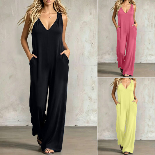 Női, kényelmes, nyári, V-nyakú jumpsuit