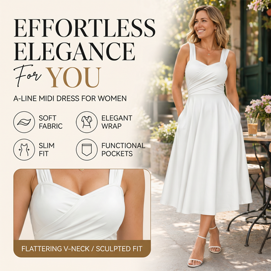 👗 Női elegáns V-nyakú ruha zsebekkel