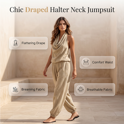 ✨ Elegáns Drapírozott Halter Nyakú Overall – 2 szín | S–XL | Széles Szárú | Nap-Éjjel Viselet