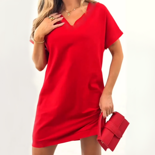 Női V-nyakú, színblokk midi ruha – Laza fazon | Kék / Piros | S– 3XL